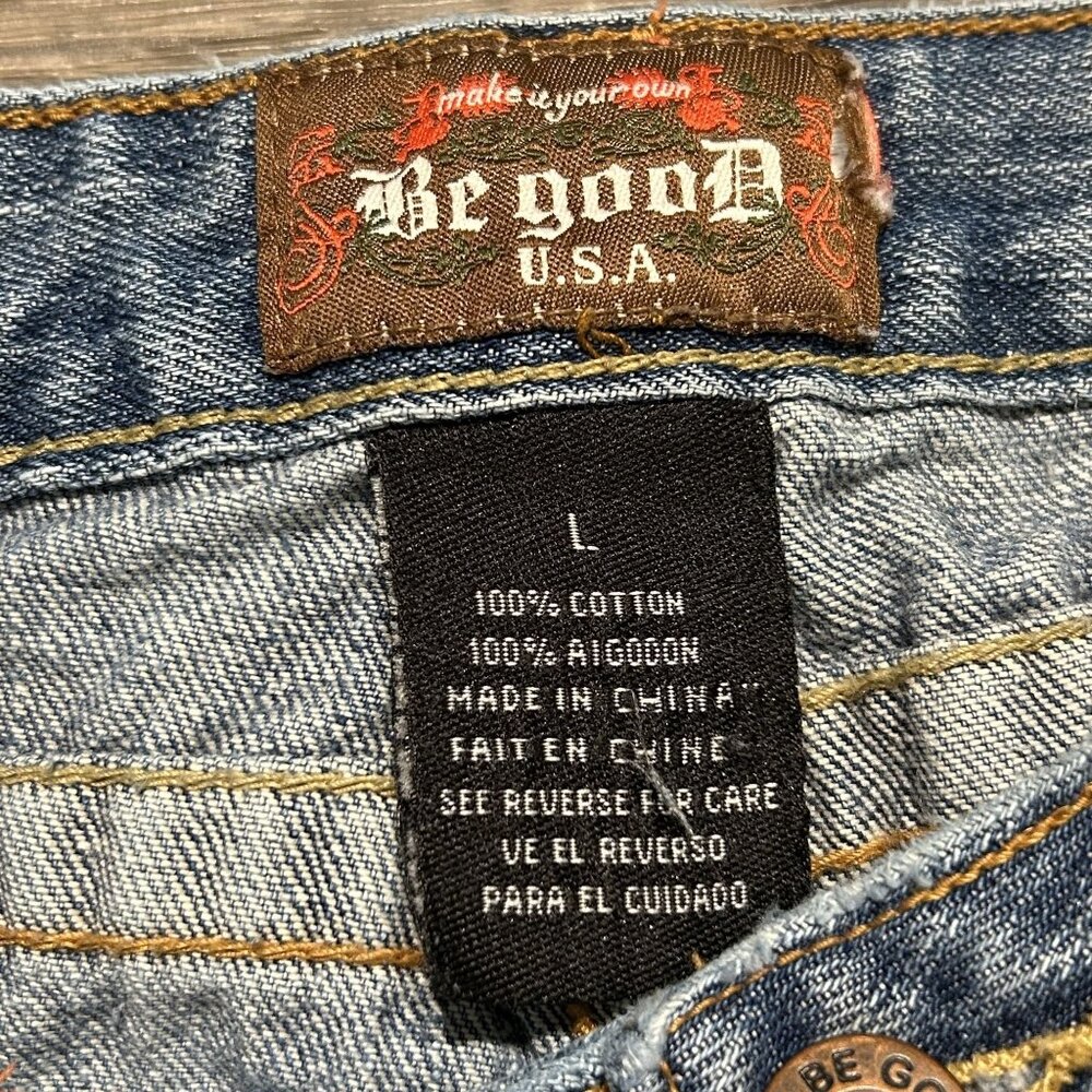 Be Good Size Large Patchwork Embroidered Denim Distressed Flare Jeans Y2K 00s - Picture 5 of 13